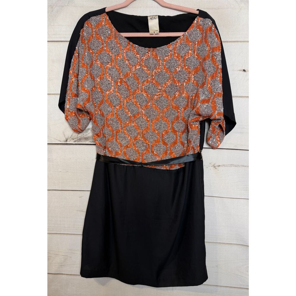 Ali Ro Dress 12 Orange Sequins Black Short Sleeves Party Cocktail Dressy‎